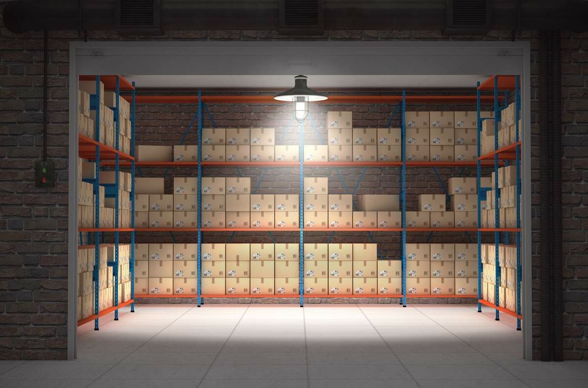 a large, open storage unit lined with shelves full of organized boxes