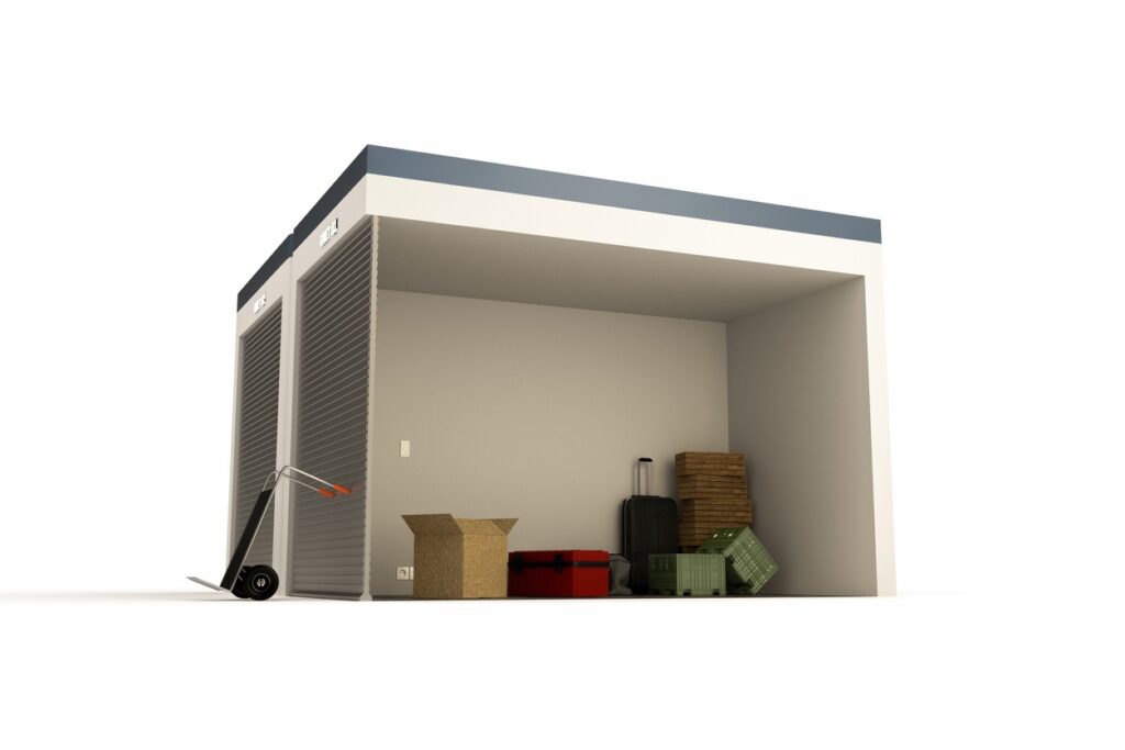 CG Art of the cross-section of a storage unit, with several boxes and a suitcase inside