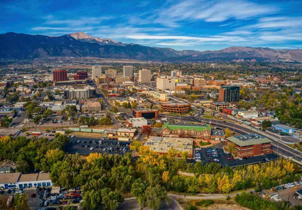 An aerial photograph of Colorado Springs, CO