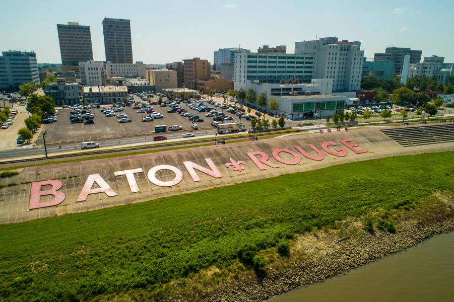 An aerial shot of Baton Rouge, LA, featuring large letters that spell out Baton Rouge.