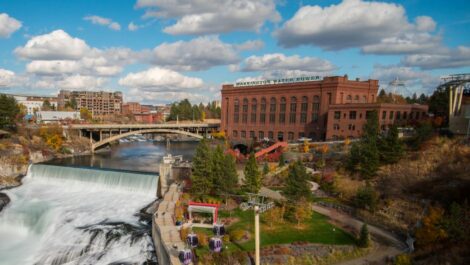 A waterfall at the end of a river running through Spokane, WA