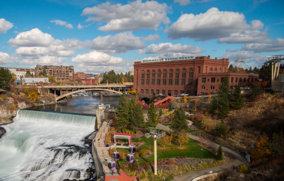 A waterfall at the end of a river running through Spokane, WA