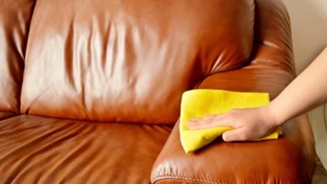 Person wiping down a leather couch