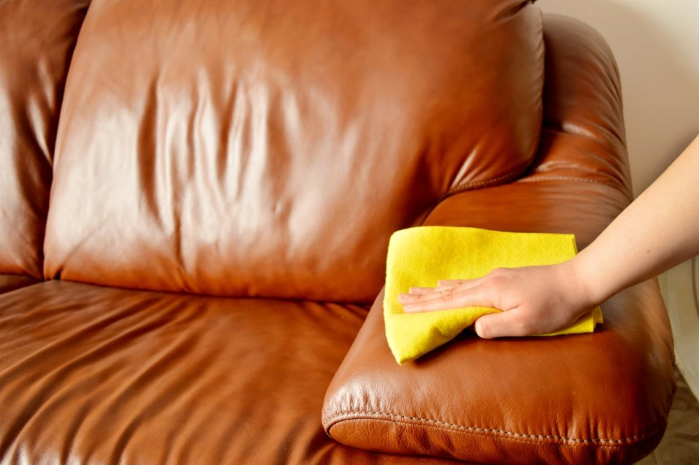 Person wiping down a leather couch