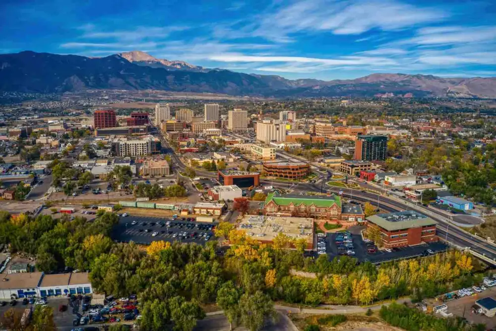 An aerial photograph of Colorado Springs, CO