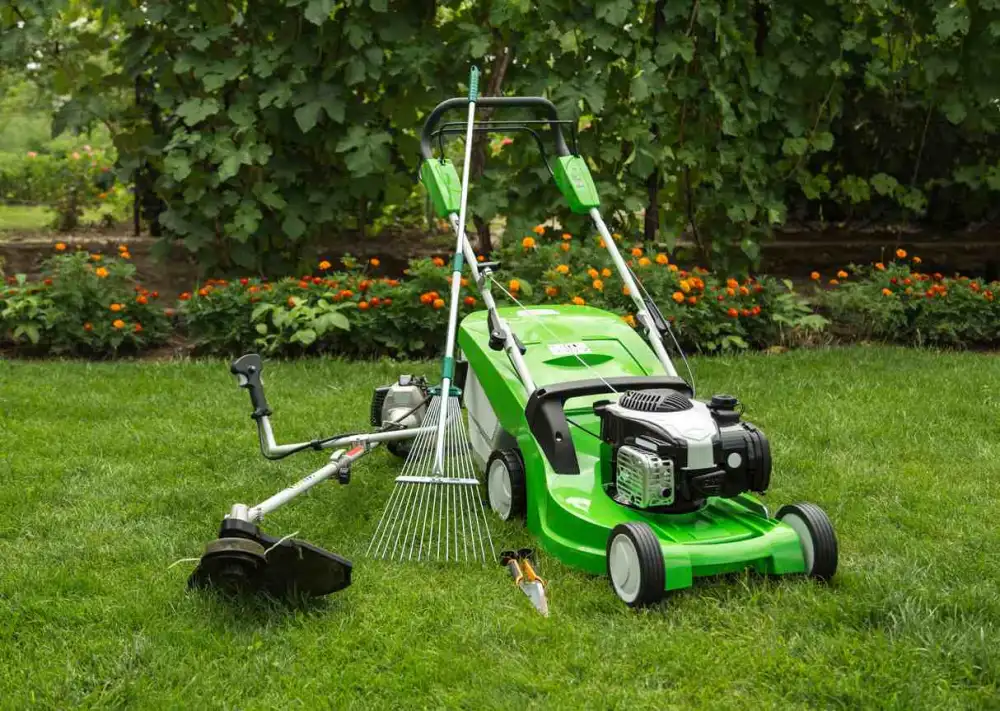 Lawn care equipment set up on a lawn