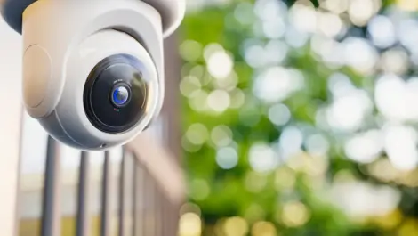 A camera installed on the wall of a building.