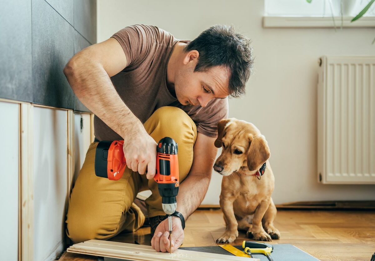 A man works on his DIY home renovation while his dog watches.