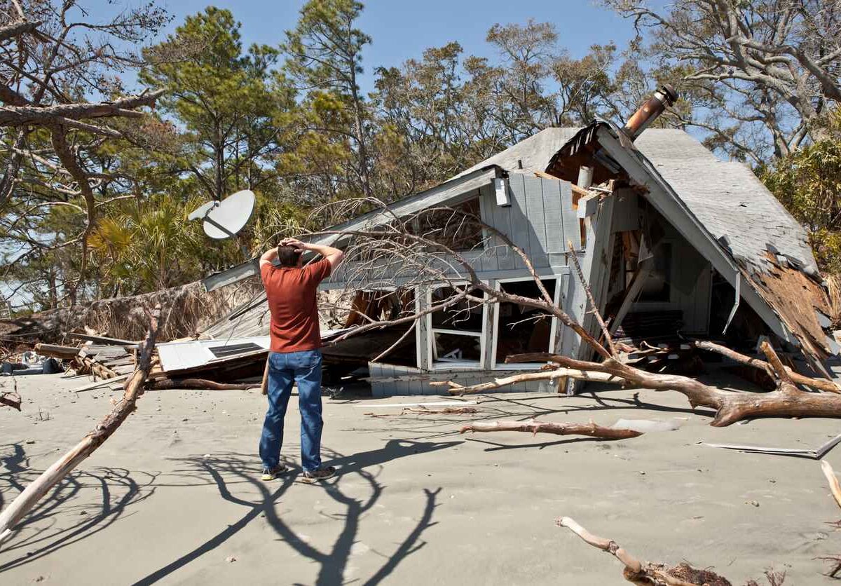 View of house rubble damage from hurricane.