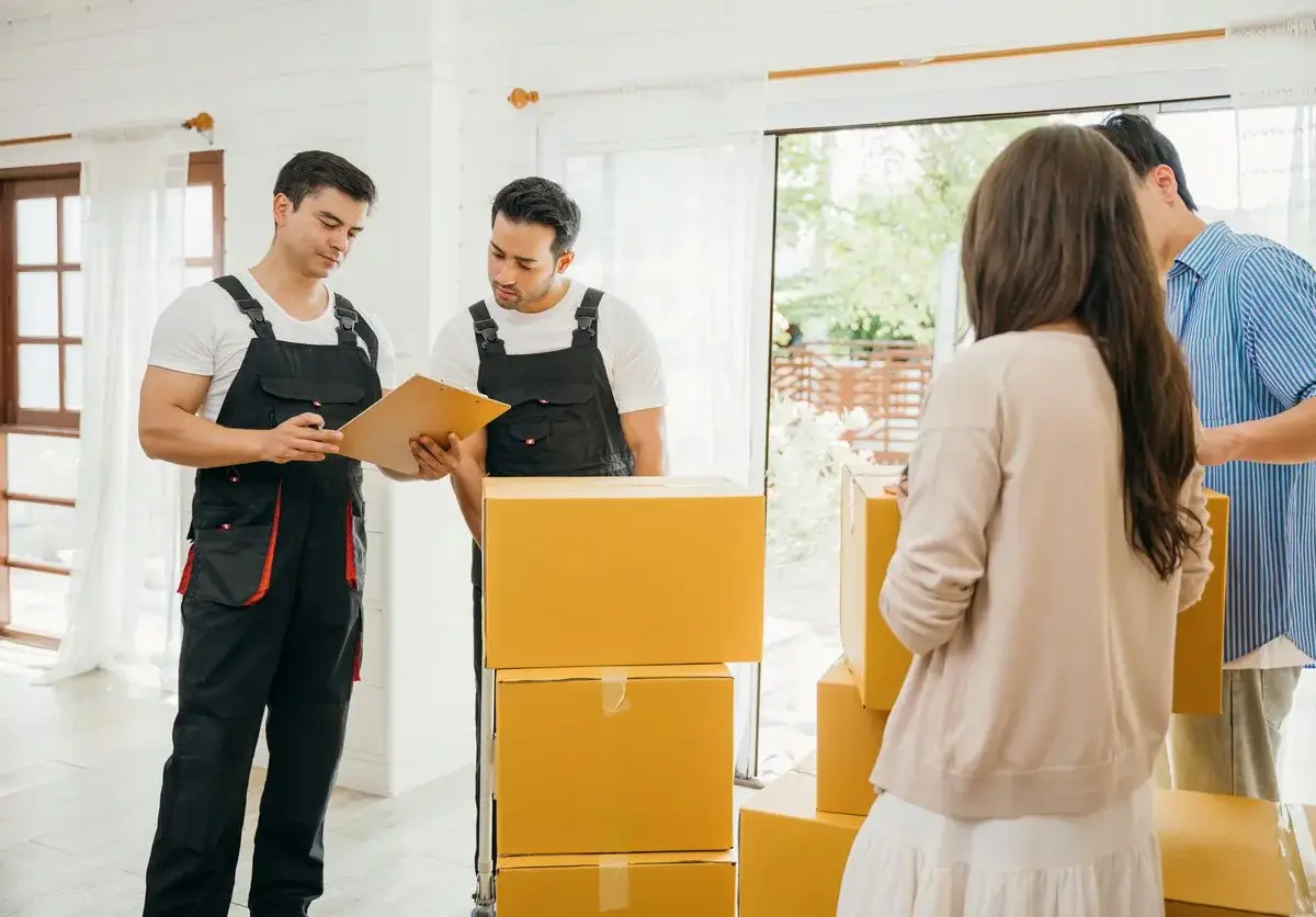 Two movers check a clipboard while helping a family pack and move boxes inside a bright, modern home.